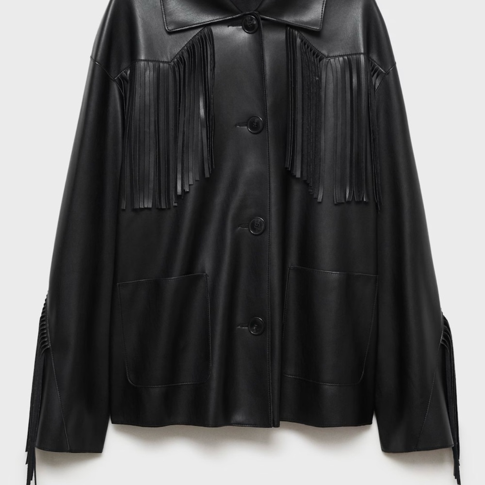 Mango Black Leather Fringe Button Down Shirt
